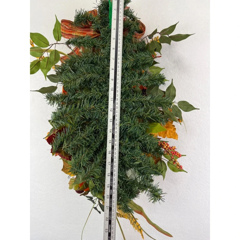 Fall Harvest Pumpkin Gourd Floral Swag Wreath Orange Plaid Bow Autumn Decor